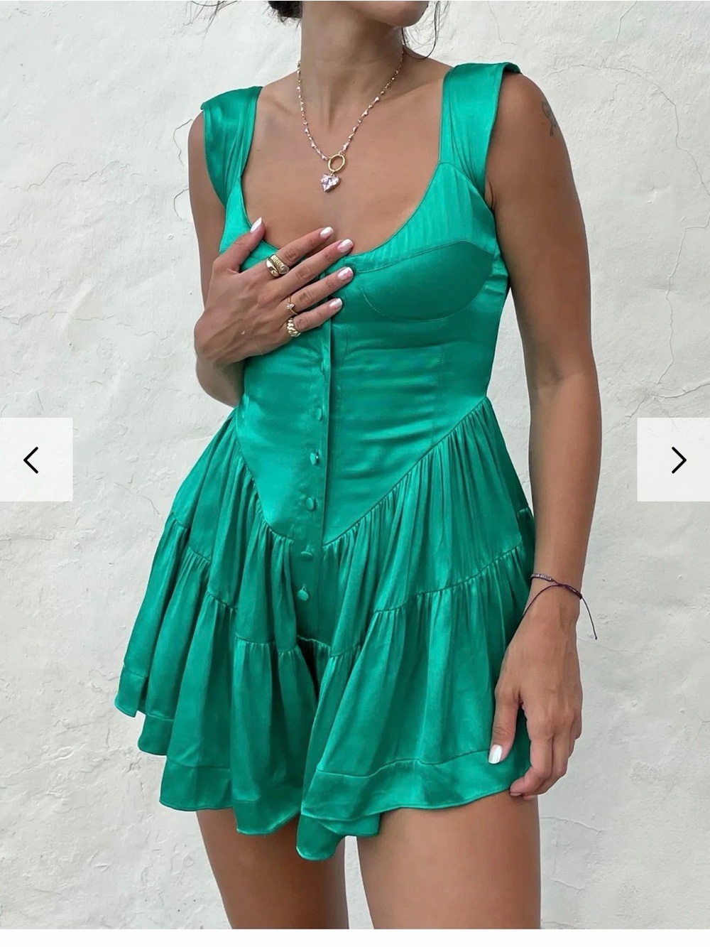 Vanessa Mooney Emerald green Satin Romper Dress, size xs